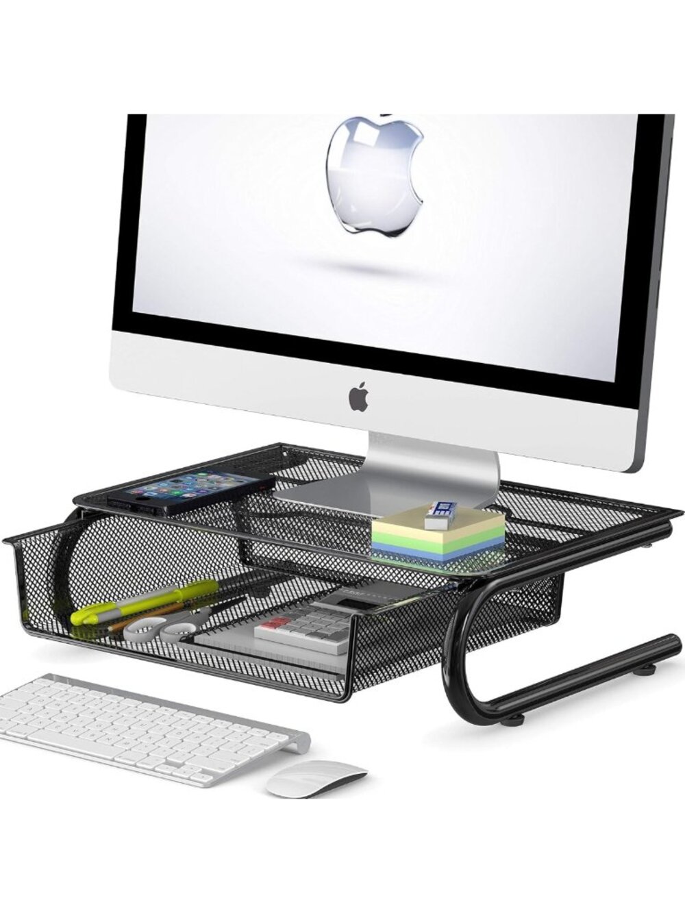 Stylish Black Mesh Monitor Riser with Drawer for Desk Organization & Space